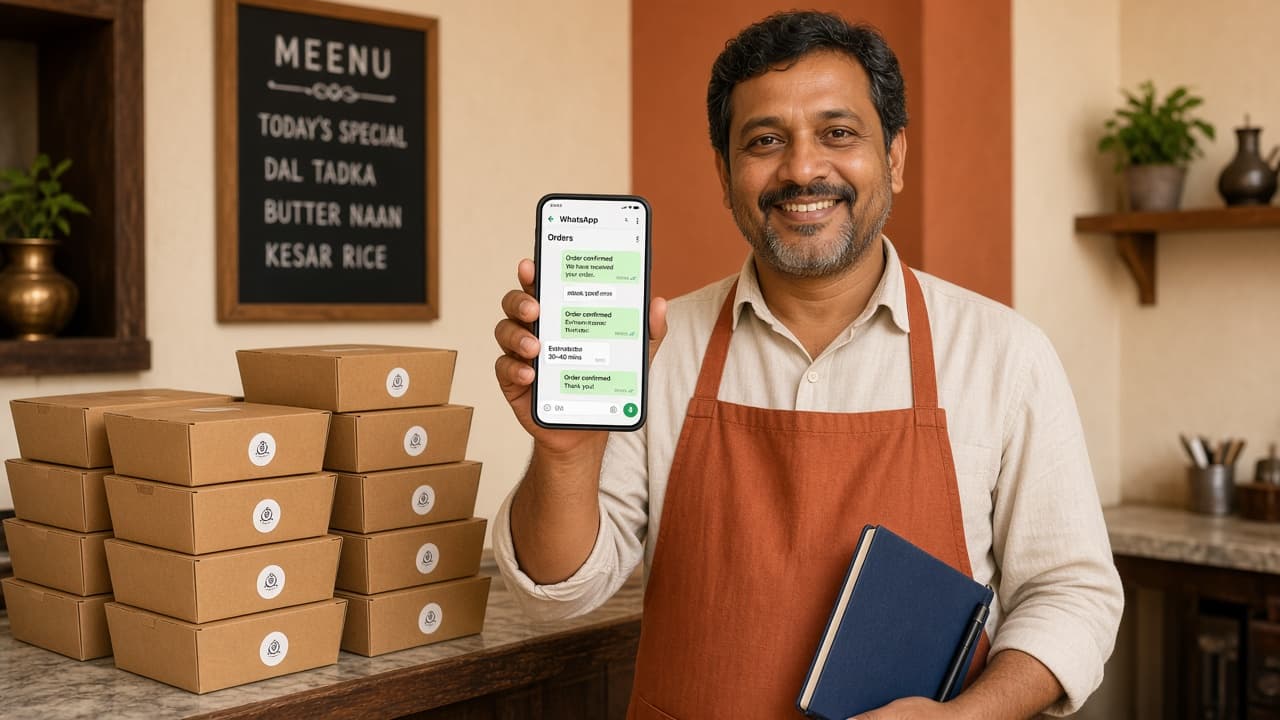 Restaurant owner with WhatsApp order confirmations