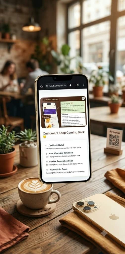 Loyalty program on phone: cashback wallet, WhatsApp reminders, repeat orders