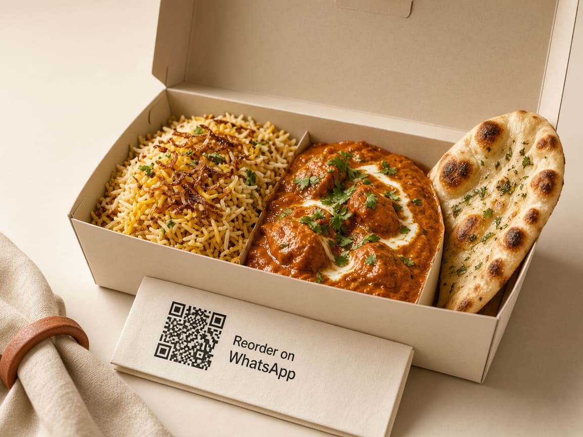 Tissue napkin with reorder QR next to open meal box