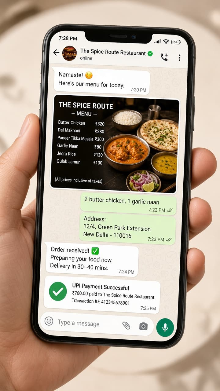 Menu, cart, pay in WhatsApp