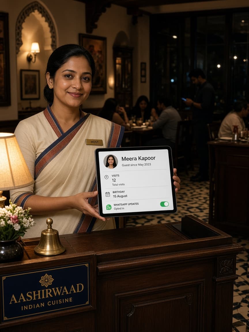 Host stand tablet showing guest profile captured from QR
